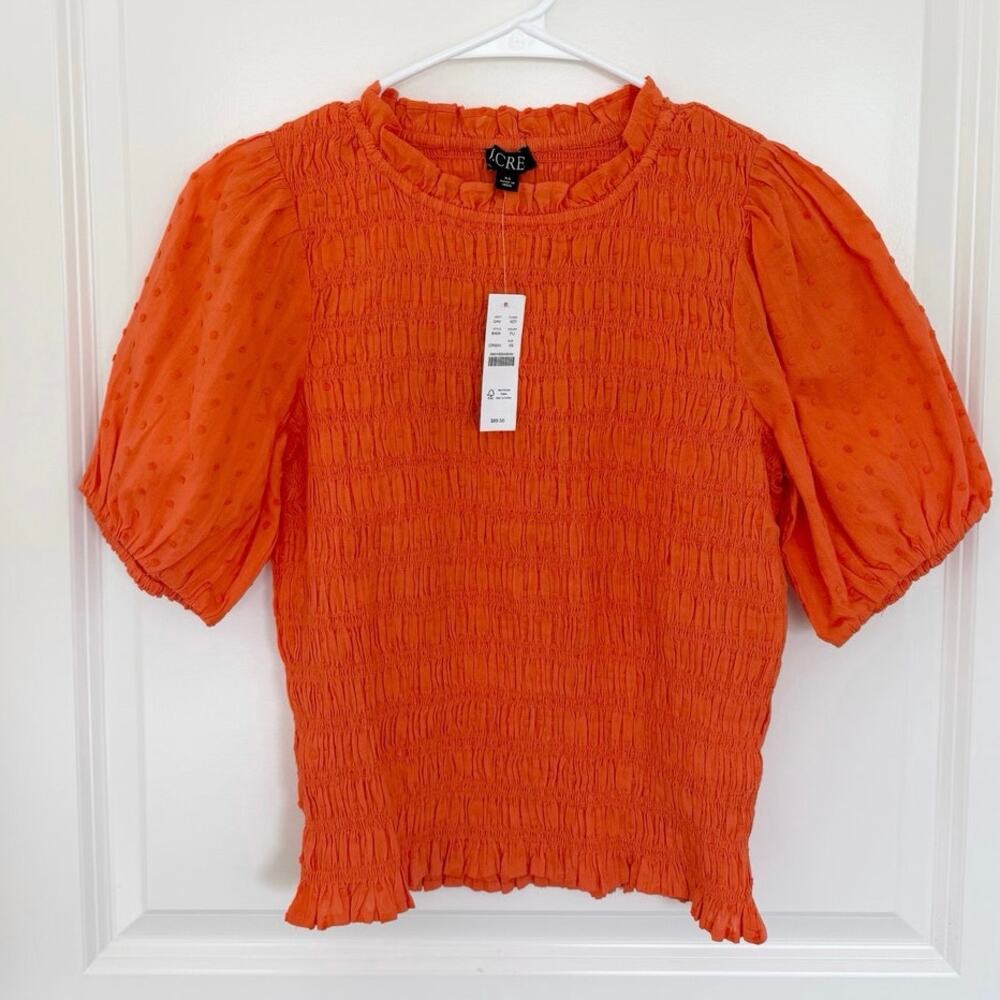 NWT J. Crew Puff Sleeve Textured Voile Smocked Top Orange XS - Picture 2 of 5